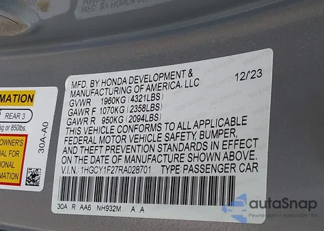 2024 Honda Accord Lx from USA, damaged, VIN 1HGCY1F27RA028701